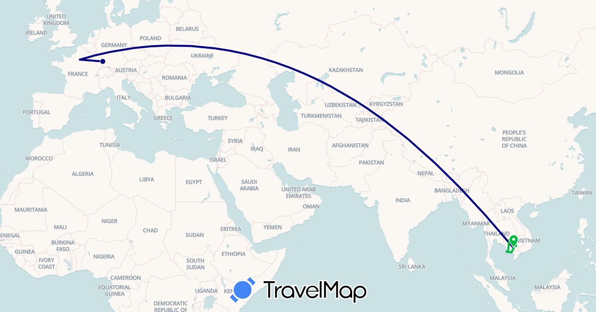 TravelMap itinerary: driving, bus in France, Cambodia (Asia, Europe)